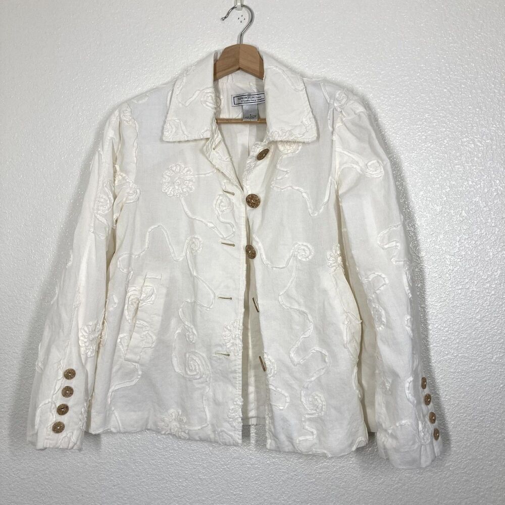 SIMONTON Says Jacket Womens Small White Cotton Floral Embroidered Boho Textured - Picture 3 of 16
